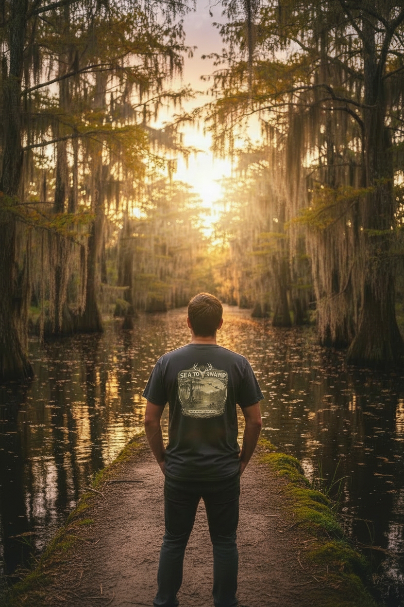 Cypress Sunset Tee – Swamp Lifestyle Standing on Land