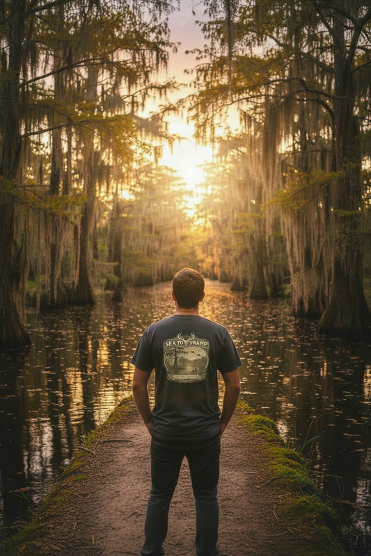 Cypress Sunset Tee – Swamp Lifestyle Standing on Land